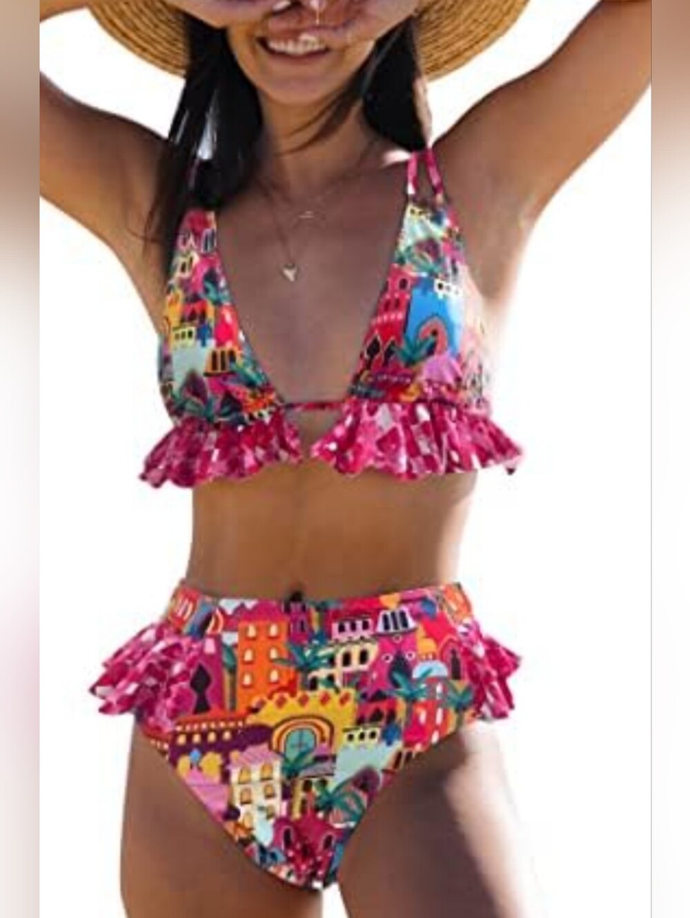 SPORLIKE Two Piece Swimsuit Womens Large Ruffle Top High Waist  Bright